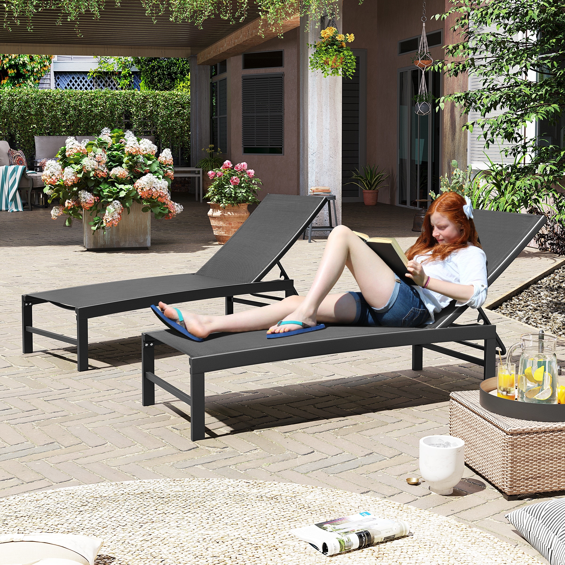 Outdoor Adjustable Aluminum Chaise Lounge Chairs Set of 2 for