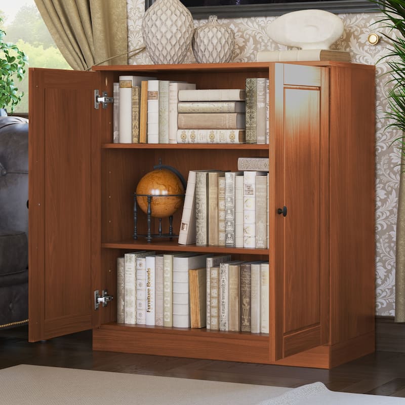 Palace Imports 100% Solid Wood 3-Shelf Bookcase, Adjustable Shelves, 32" Wide, 35.75" Tall - Solid Doors - Mocha