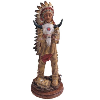 Q-Max 13"H Indian Chief Holding Ox Skull Head Statue Native American Decoration Figurine