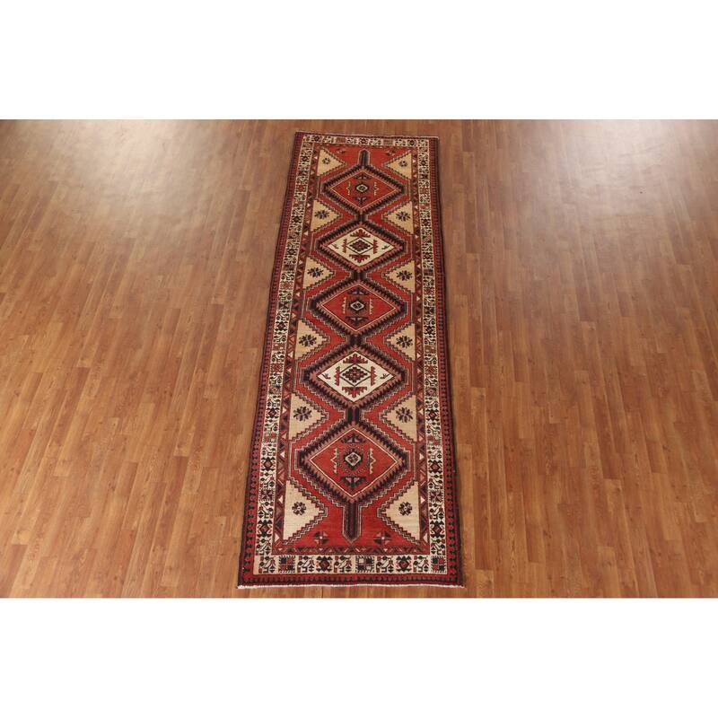 Geometric Red Ardebil Persian Vintage Runner Rug Handmade Wool Carpet - 3'6"x 10'7"