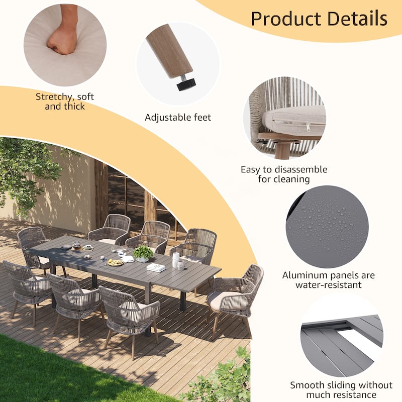 Outdoor Patio Dining Sets with PE Wicker Chairs and Extendable Aluminum Dining Table for 8 Persons
