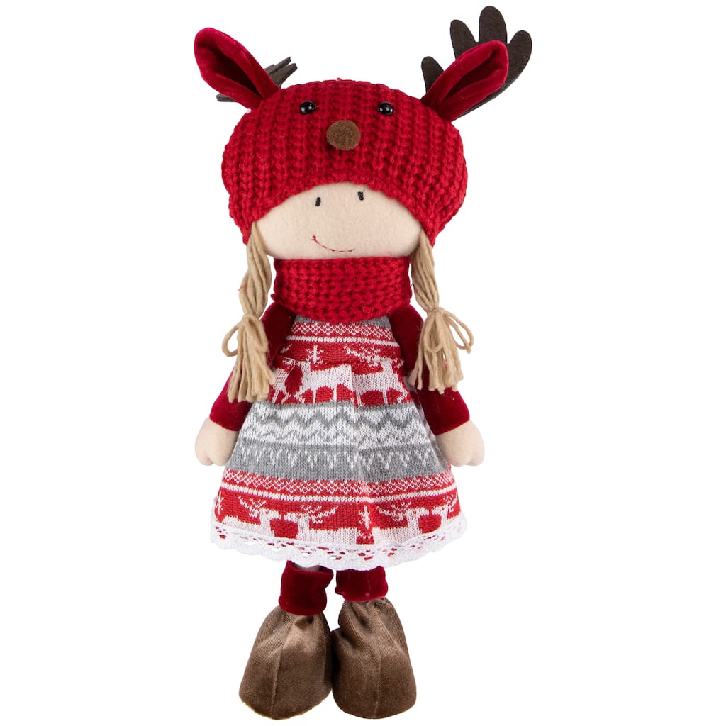 17" Red White Nordic Girl With Moose Antler Hat Christmas Decoration