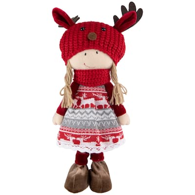 17" Red and White Nordic Girl with Moose Antler Hat Christmas Decoration