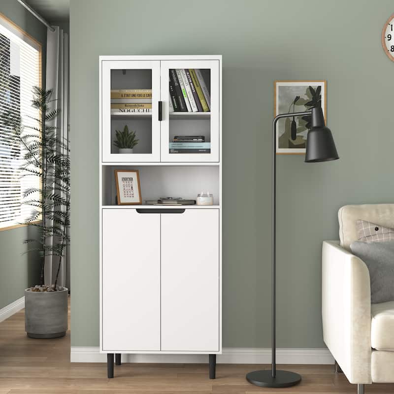 Anmytek White 4-Door Tall Storage Cabinet, Tempered Glass Doors, Adjustable Shelves, MDF Bookcase for Living Room Bedroom