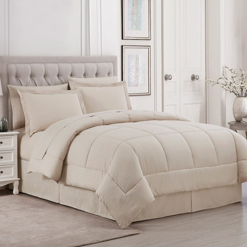 Soft Dobby 8-piece Striped Down Alternative Bed-in-a-Bag Set w/ Sheets - Beige - Queen