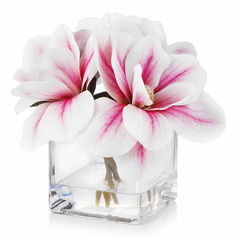 Enova Home Artificial Real Touch Magnolia Faux Flowers Arrangement in Cube Glass Vase with Faux Water Home Wedding Decoration - peach