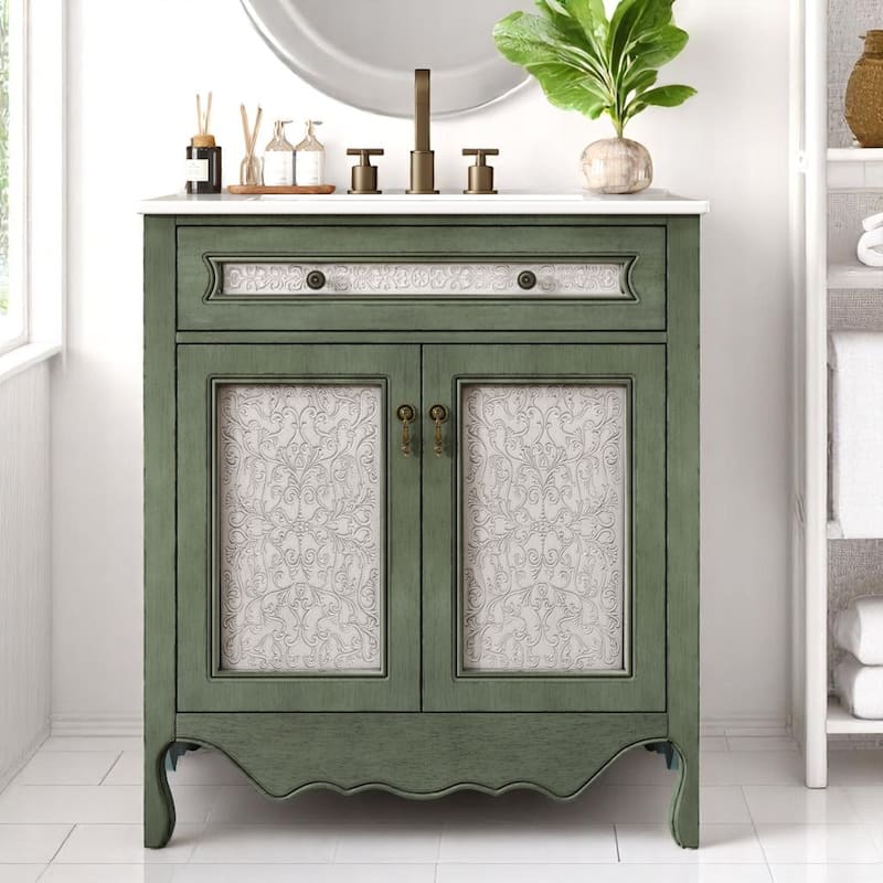 30" Vintage Bathroom Vanity Cabinet with Rectangle Ceramic Sink, Tip-Out Drawer, Antique Handles & Solid Wood Legs - Antique Green Blue