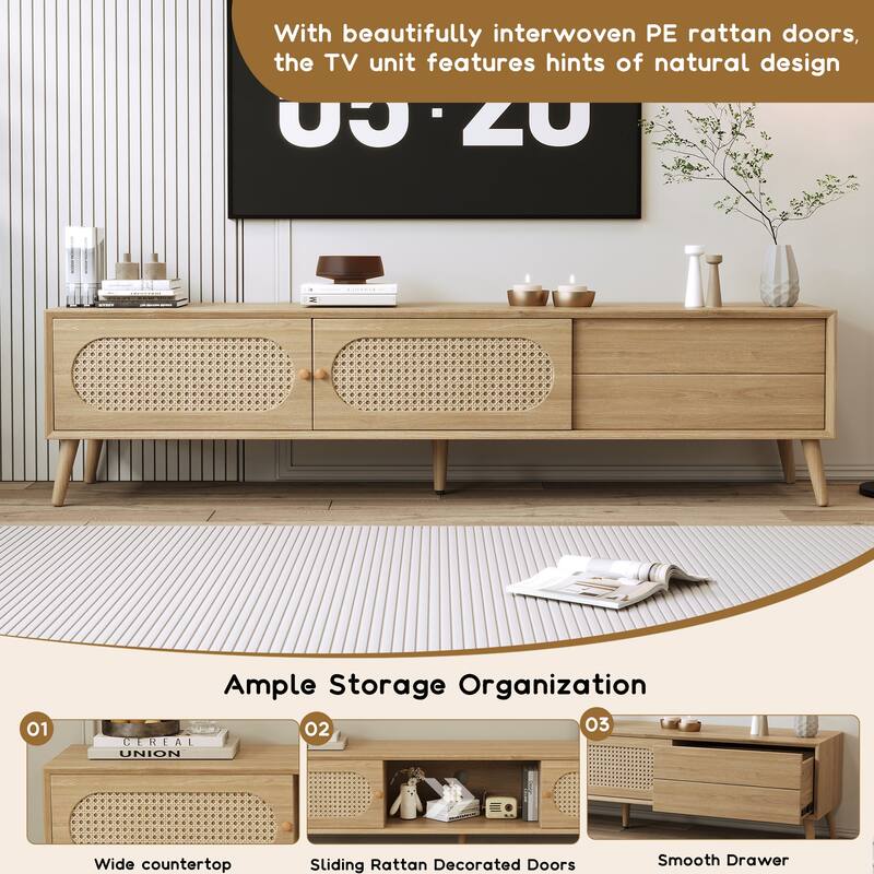 TV Stand for TVs up to 80'' , Modern Farmhouse Media Console, Entertainment Center with Solid Wood Legs