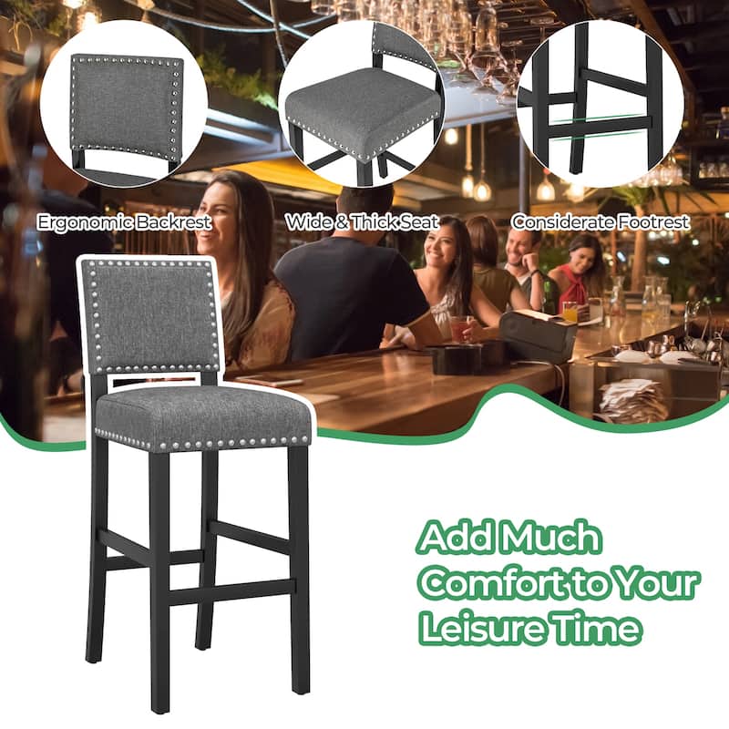 Set of 2 Counter Height Bar Stools with Footrest and Rubber Wood Frame Comfortable Seating