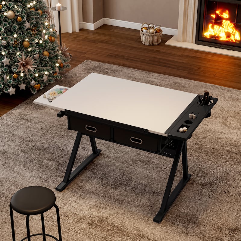 Adjustable drawing drafting table desk with 2 drawers for home office and school with stool