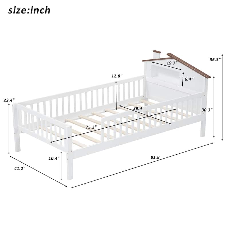 Wood Platform Bed with House-shaped Headboard, LED and Built-in Storage