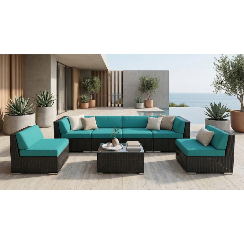 Ohana Outdoor 7-pc. Cushioned Black Wicker Conversation Set - No Assembly - Sunbrella Aruba
