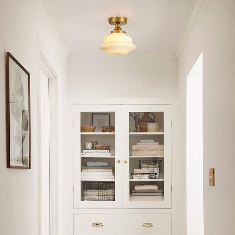 9.5" W Farmhouse Gold/Black Metal Semi-Flush Mount Ceiling Light with Frosted White Glass for Bedroom, Living Room