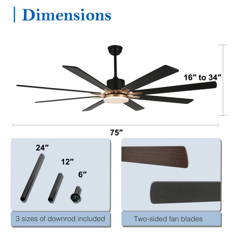 CurveCurio Large 72" Sleek Modern 8 Wood Blades Ceiling Fan with 3 Color Tone Dimmable LED Light Kit Incldued for Living Room