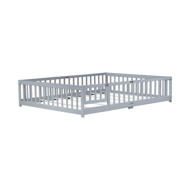 Queen Size Floor Bed with Fence,Door,Rubber Wood Floor Bed with Safety Guardrails