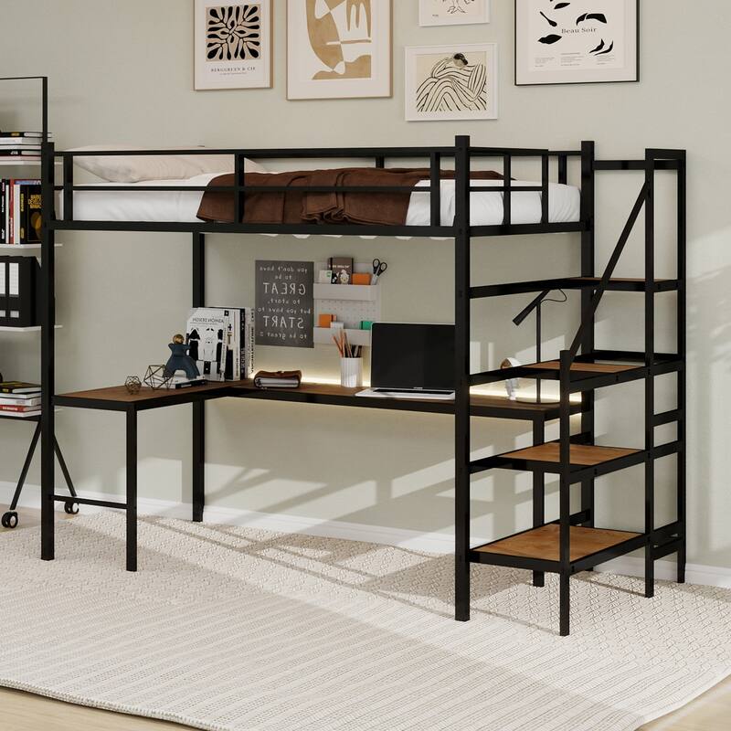 GDFStudio - Iron Loft Bed with L-Shaped Desk & Storage Stairs