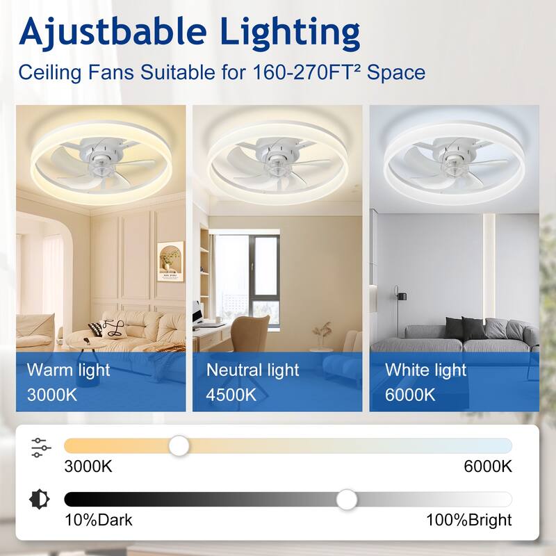 Ceiling Fan with Light: Low Profile, App Remote Control, 6-Speed, 3 CCT, Quiet DC Motor, Dimmable LED, 20" /16"