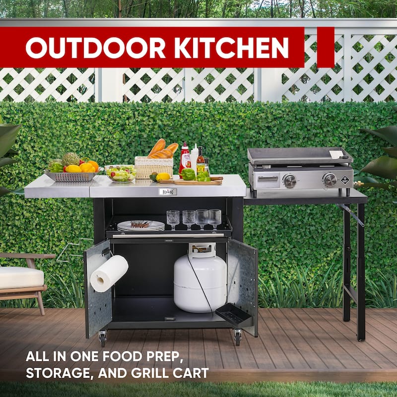 Feasto Grill Table, Outdoor Kitchen Island With 2 Foldable Side Tables, Stainless Steel Top For Outdoor Kitchen Cabinets