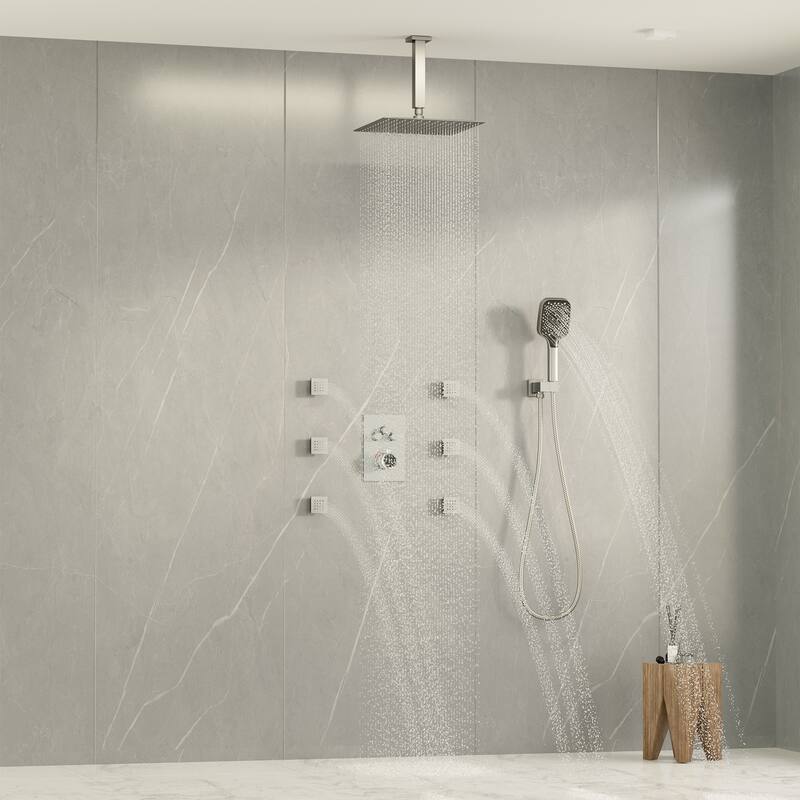 Celling Mount 12 Inch Rainfall Shower Head 3 Function Thermostatic Shower System with 6 Body Jets