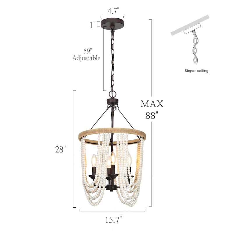 Renia Farmhouse 4-light Wood Beaded Chandelier Rustic Hemp Rope Basket Coastal Ceiling Lights