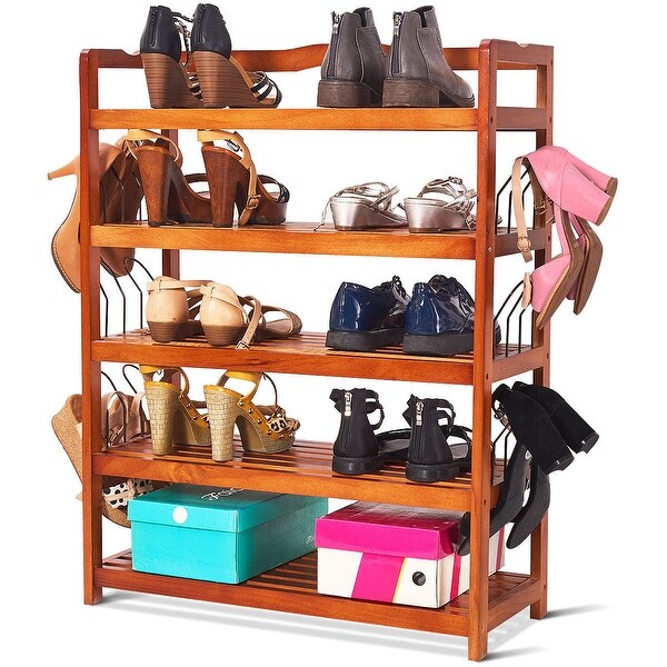 Shop Costway 5 Tier Wooden Shoe Rack Shelf Storage Organizer Entryway W 6 Shoe Stretcher As Pic Overstock 22516205