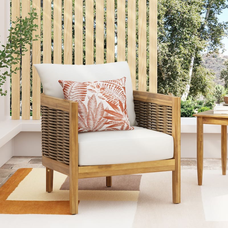 Christopher Knight Home Burchett Acacia Wood and Wicker Outdoor Club Chair with Cushions - Beige+Polyster