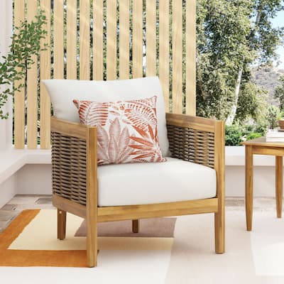 Christopher Knight Home Burchett Acacia Wood and Wicker Outdoor Club Chair with Cushions
