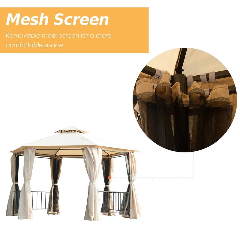 Outsunny 7' x 7' 2-Level Hexagon Outdoor Patio Gazebo Canopy Pavilion with Removable Mesh Curtains, Double Tiered Roof