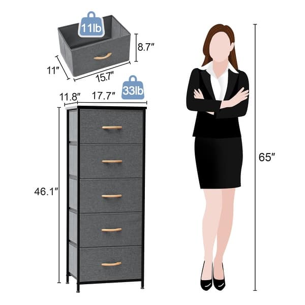 dimension image slide 15 of 14, Home Bedroom Furniture 5-drawer Chest Vertical Storage Tower - Fabric Dresser
