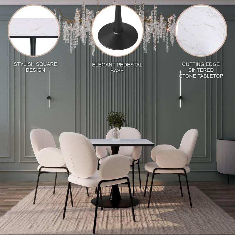 Bristol Square Dining Table with Marble White MDF Top and Black Steel Pedestal Base