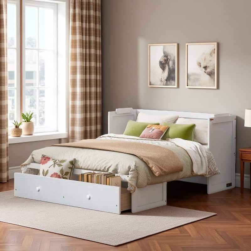 Queen Size Murphy Bed Cabinet with USB Charging Ports and Storage Drawer, Foldable Space-Saving Design with Pine Wood Frame - White - Queen