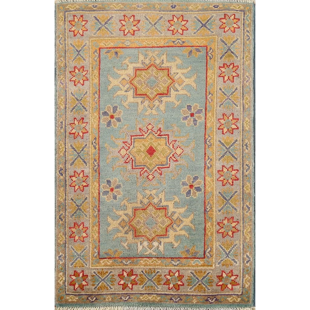 Light Blue Kazak Accent Rug Hand-Knotted Geometric Wool Carpet - 2'1"x 2'10"