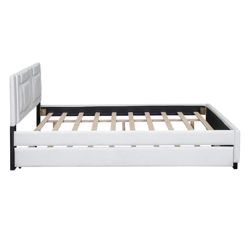 White Queen Size Upholstered Platform Bed with Headboard and Twin Size Trundle