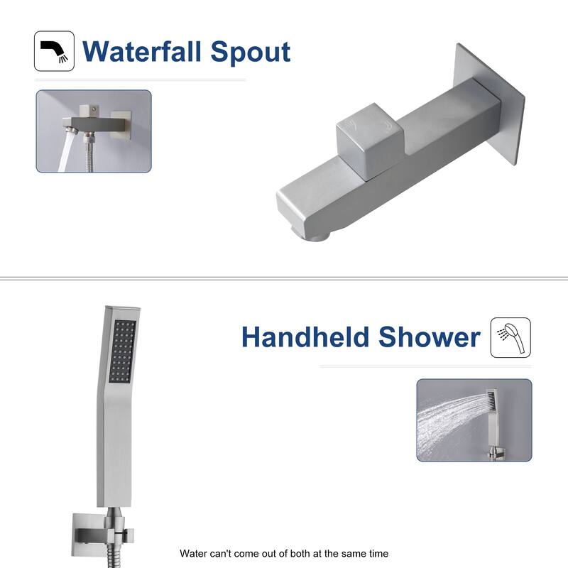 Thermostatic Shower System 4-Way 16" Ceiling Mounted Fixed and Handheld Shower Head with LED and Music Player in Brushed Gold