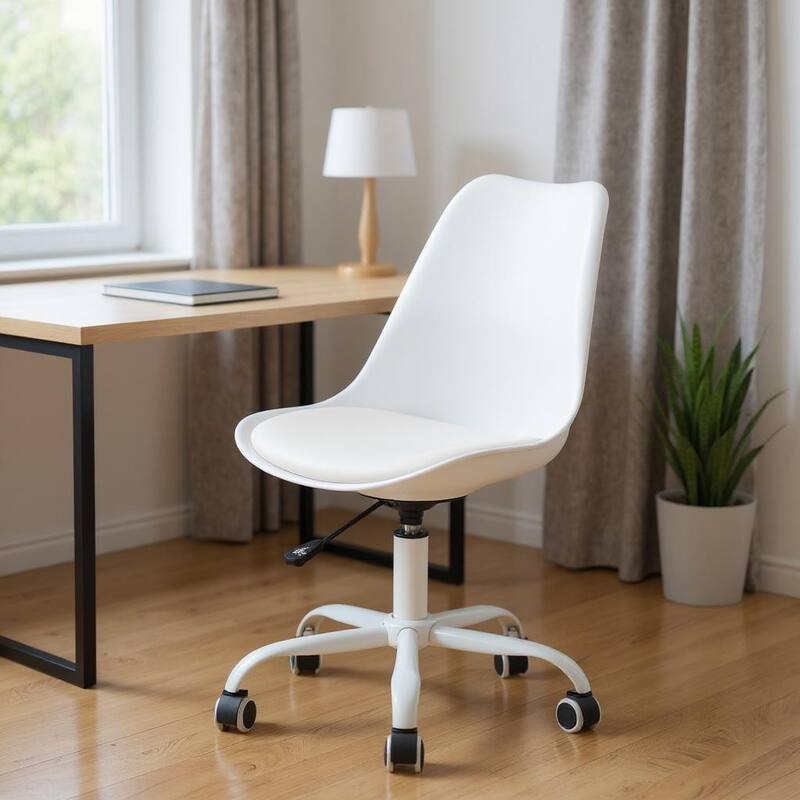 White Upholstered Plastic Acrylic and Steel Adjustable Swivel Rolling Office Chair - White