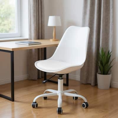 White Upholstered Plastic Acrylic and Steel Adjustable Swivel Rolling Office Chair