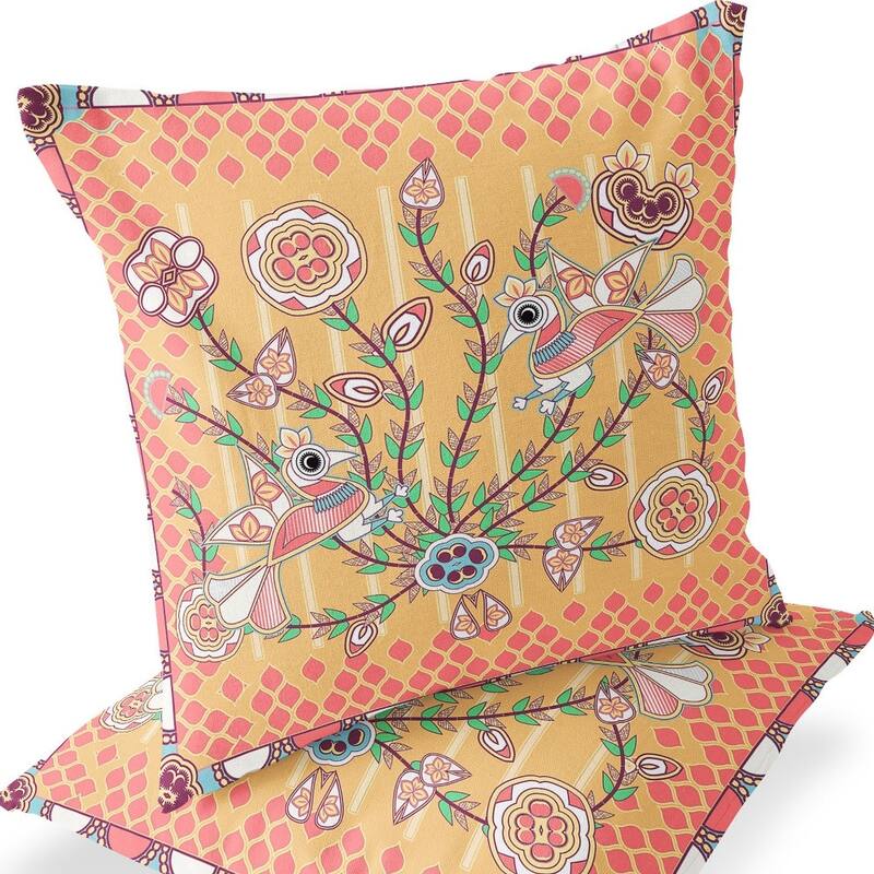 HomeRoots Set of Two 16" X 16" Yellow and Peach Peacock Blown Seam Floral Indoor Outdoor Throw Pillow - 16.00' X '16.00' X '5.00