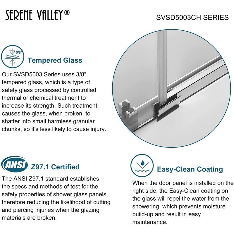 Serene Valley 60 x 74 Inch Square Rail Frameless Sliding Shower Door, Chrome - 60 x 74 inches