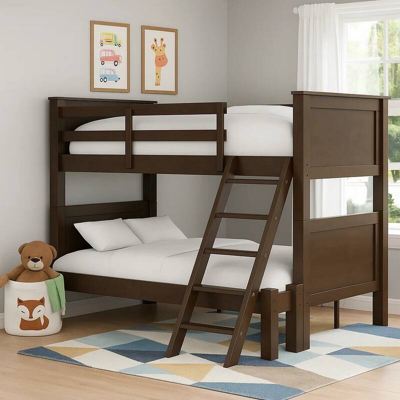 Zedy Twin over Full Bunk Bed with Ladder and Guardrails, Walnut Brown