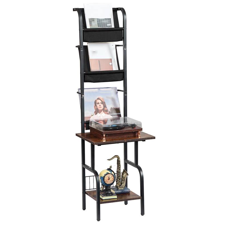 Black 5 Tiers Metal Record Player Stand with LED Light and USB Ports and Oxford Fabric Bags - 17.72" x 19.29" x 56.3"