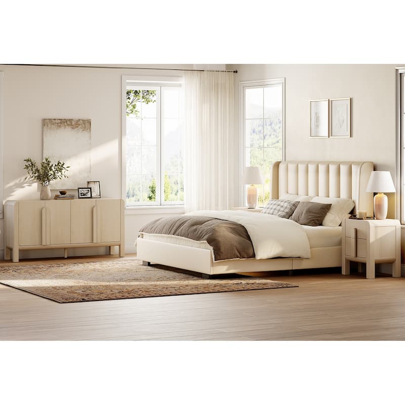 WAMPAT 3 Pcs Bedroom Set,Mid Century Dresser And Nightstand Sets For Bedroom, Night Stand Set Of 2, Modern Dresser - Beige