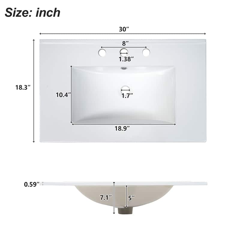 30-Inch Modern Bathroom Vanity with Ceramic Sink, Soft-Close Doors & Drawers, U-Shaped Adjustable Shelf, and Zinc Alloy Handles