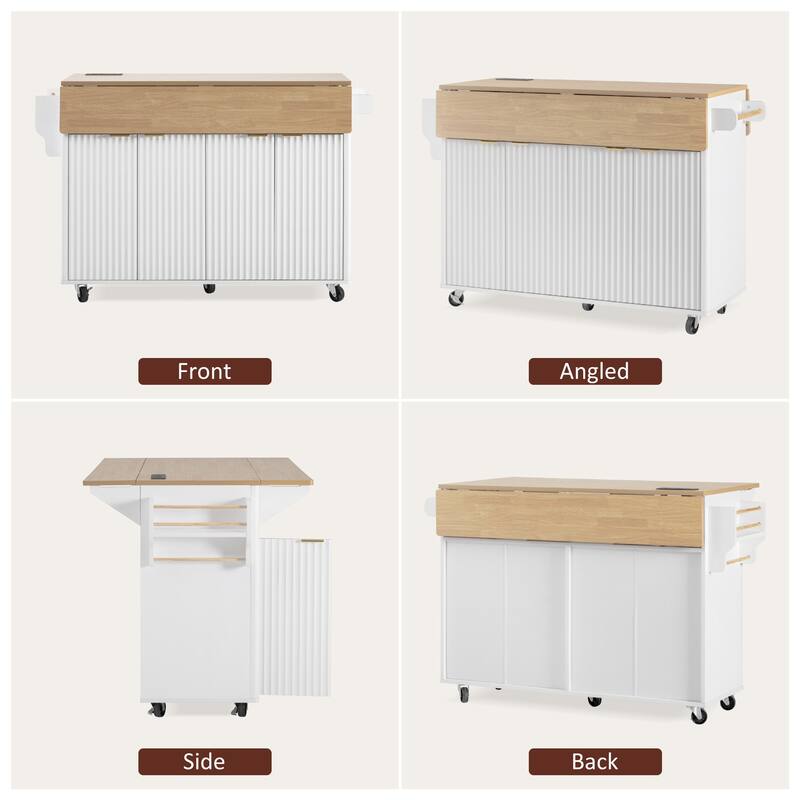 Fluted Kitchen Island with 2 Drop Leaf, 4 Doors Rolling Island Table, Kitchen Storage Cart with Power Outlet and Spice Rack