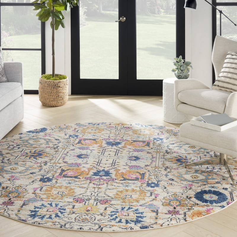 Caki Power Loomed Geometric Floral Area Rug By HomeRoots - 8' Round