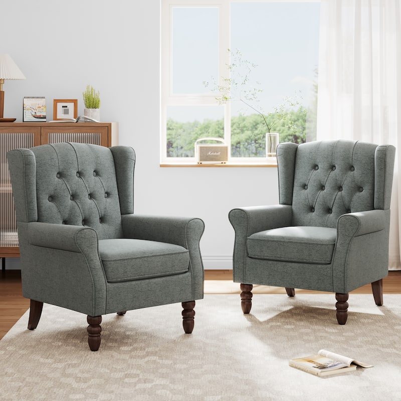 Button Tufted Armchair Wingback Wood legs Accent Chairs (Set of 2) - Grey-Linen