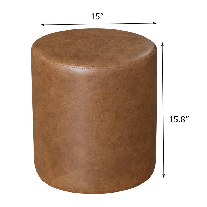 Adeco 15" Faux Leather Round Ottoman Upholstered Footrest Stool for Living Room