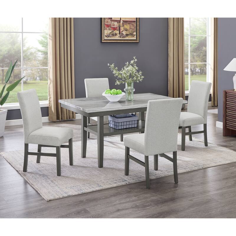 Selena 5-Piece 60" Gray Faux Marble Dining Set - Rectangular Table with 4 Chairs, Seats Up to 6 - Modern Gray Finish