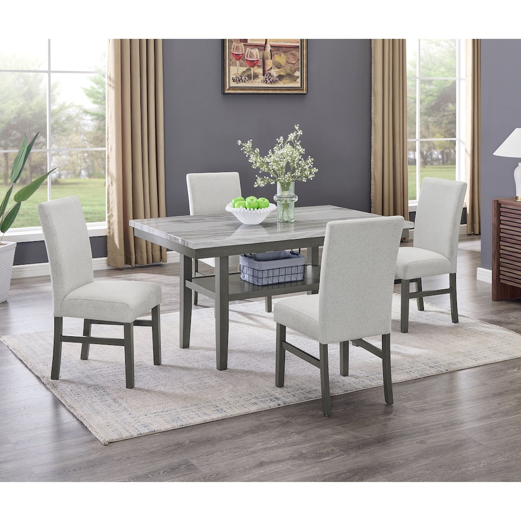 Selena 5-Piece 60" Gray Faux Marble Dining Set - Rectangular Table with 4 Chairs, Seats Up to 6 - Modern Gray Finish