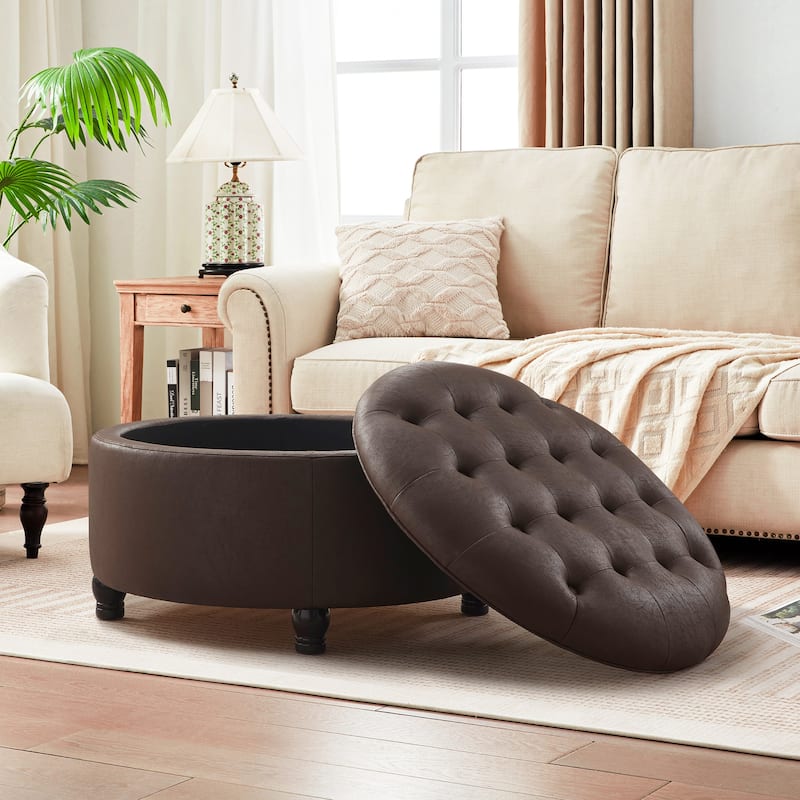 Tufted Round Storage Ottoman, Faux Leather
