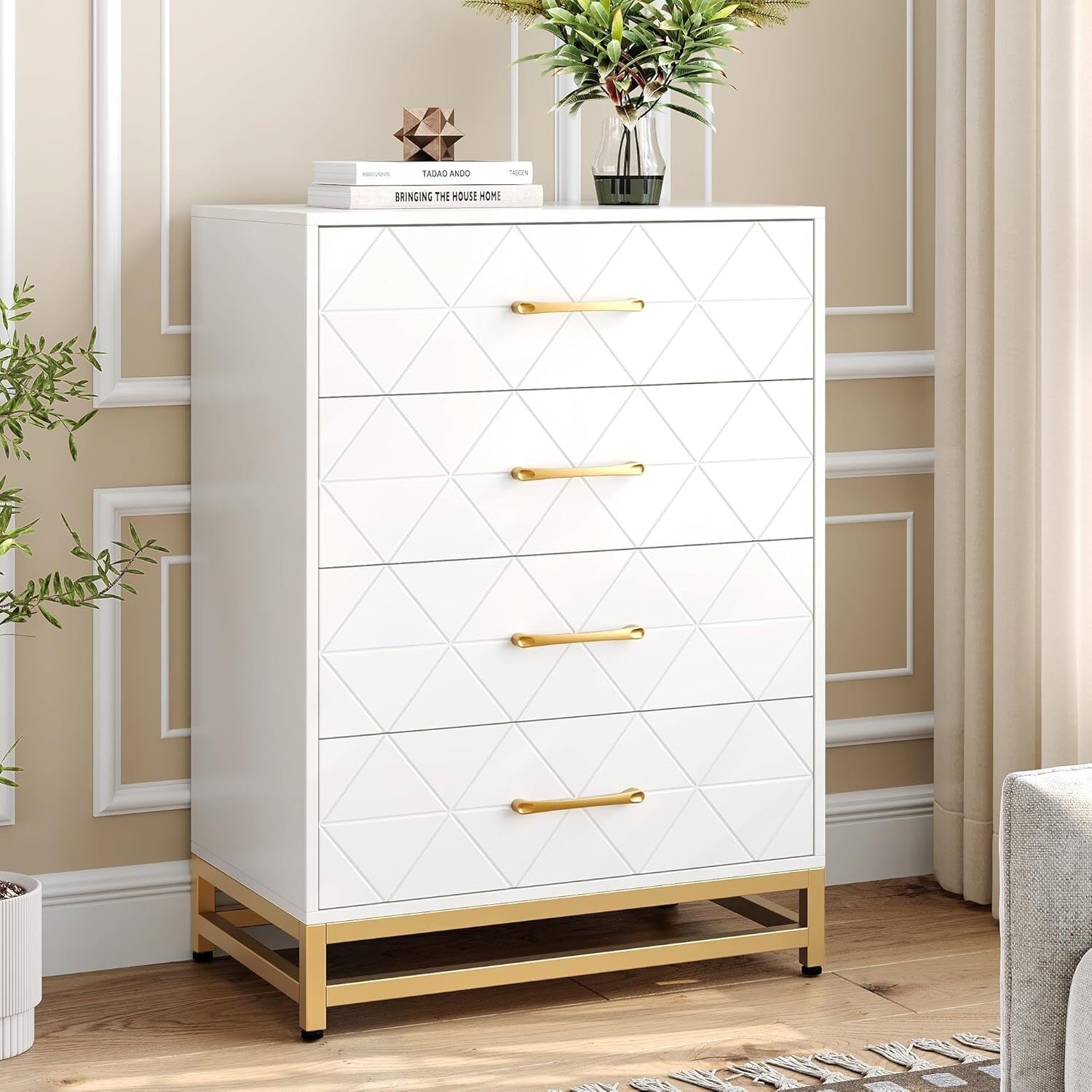 Chest White Cabinet Metal Frame Organizer Bedroom Entryway Kitchen Living Room